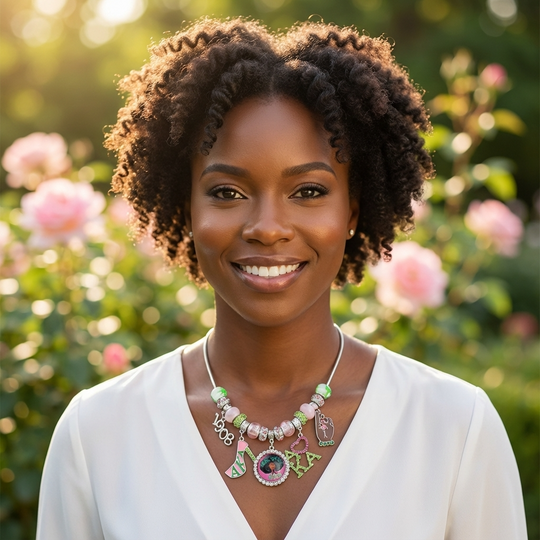 Alpha Kappa Alpha rhinestone flower choker necklace with pearl center