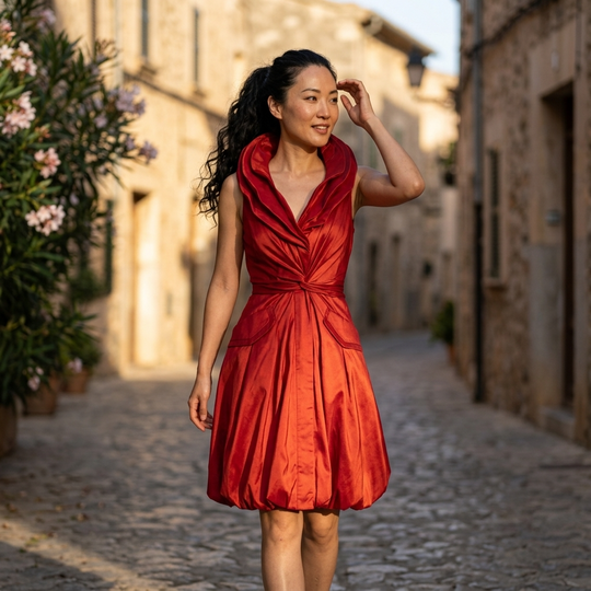 Woman in a red dress standing on a cobblestone street in an old town.