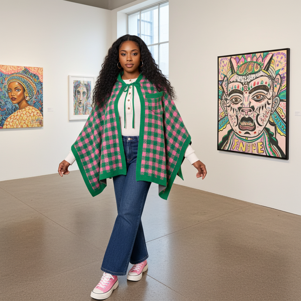 Pink & Green Tie-Neck Cape – Elegant & Timeless