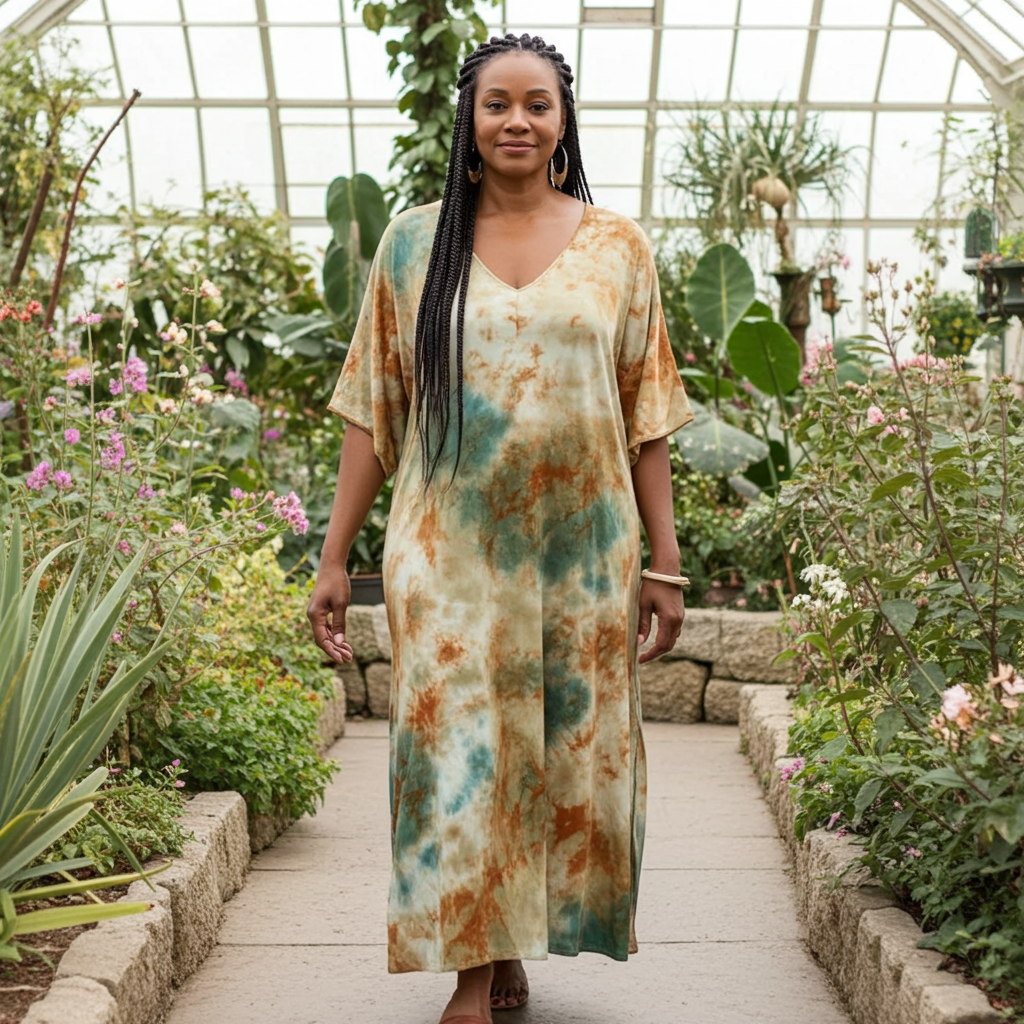 Woman in a tie-dye dress standing in a greenhouse filled with plants and flowers.