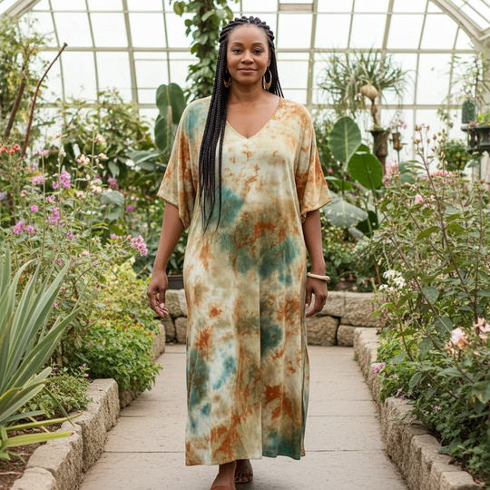 Woman in a tie-dye dress standing in a greenhouse filled with plants and flowers.