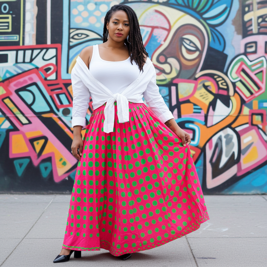 Woman in a white top and pink polka dot skirt standing in front of colorful graffiti.