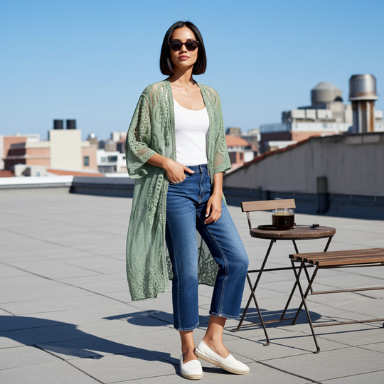 Woman standing on a rooftop with a cityscape background