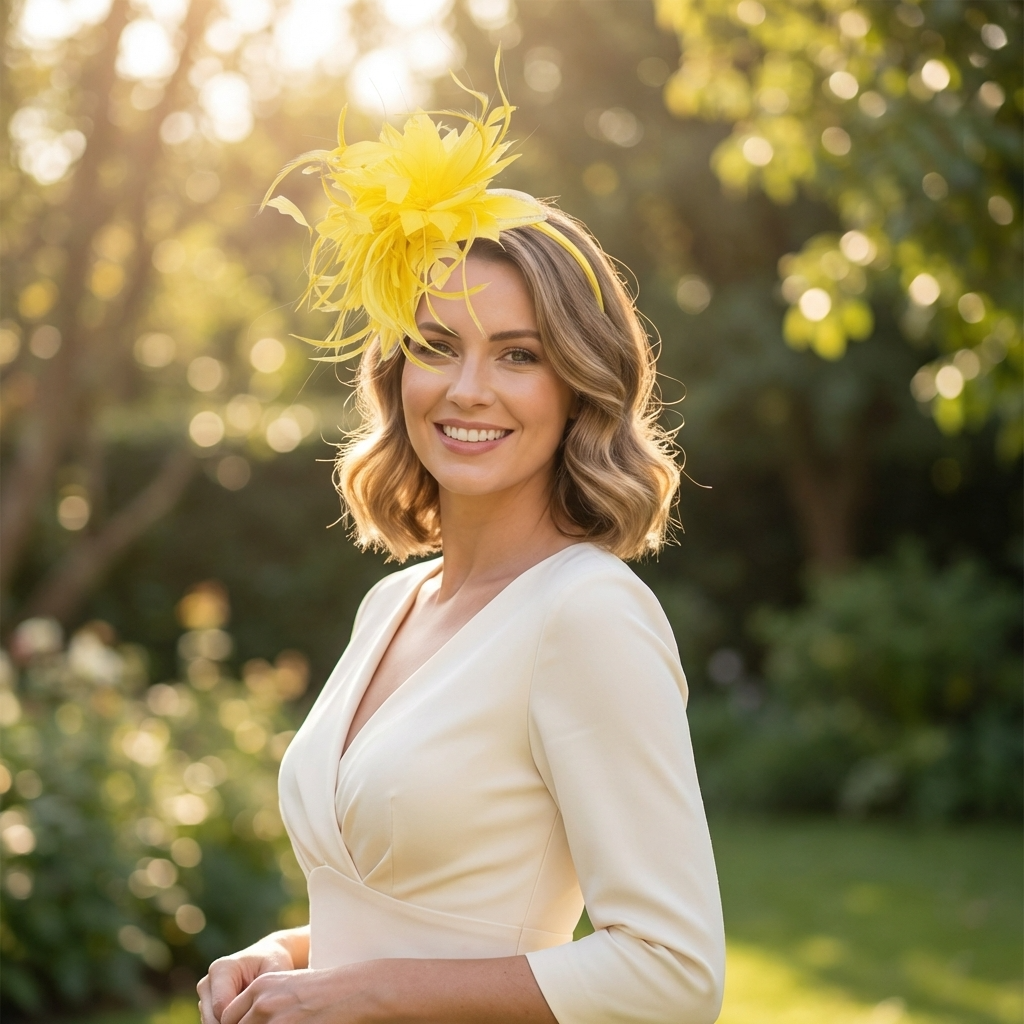 Yellow Feather Floral Fascinator Headband with Crinoline Detail