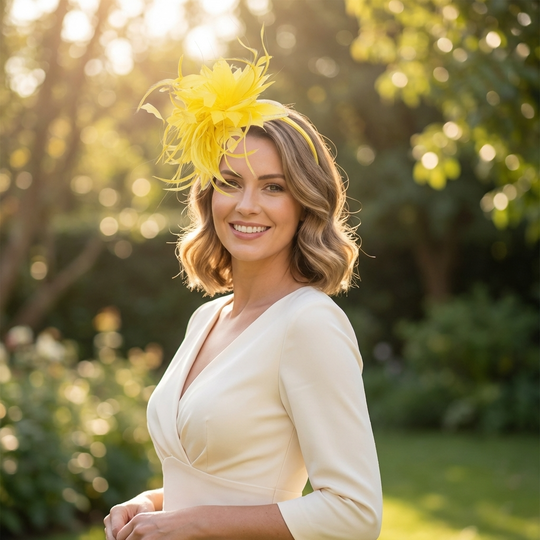 Yellow Feather Floral Fascinator Headband with Crinoline Detail