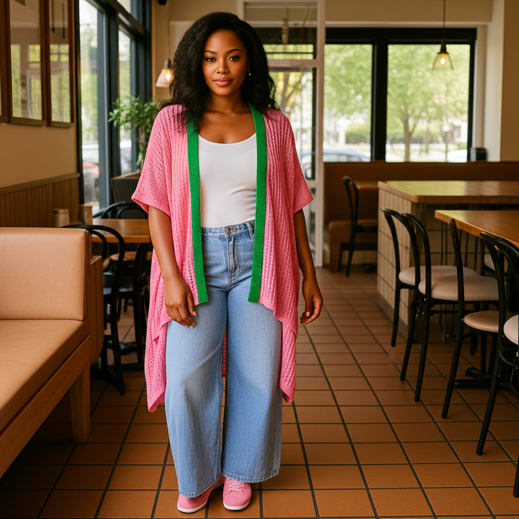 Kimono de crochet rosa y verde