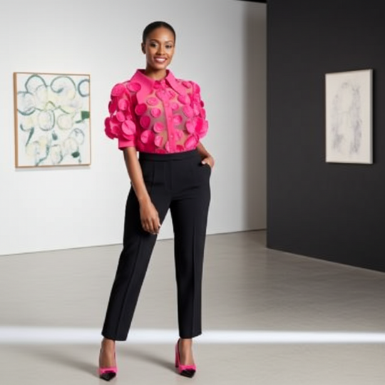 Fuchsia Mesh Splicing Round Polka Dots Button-Down Top