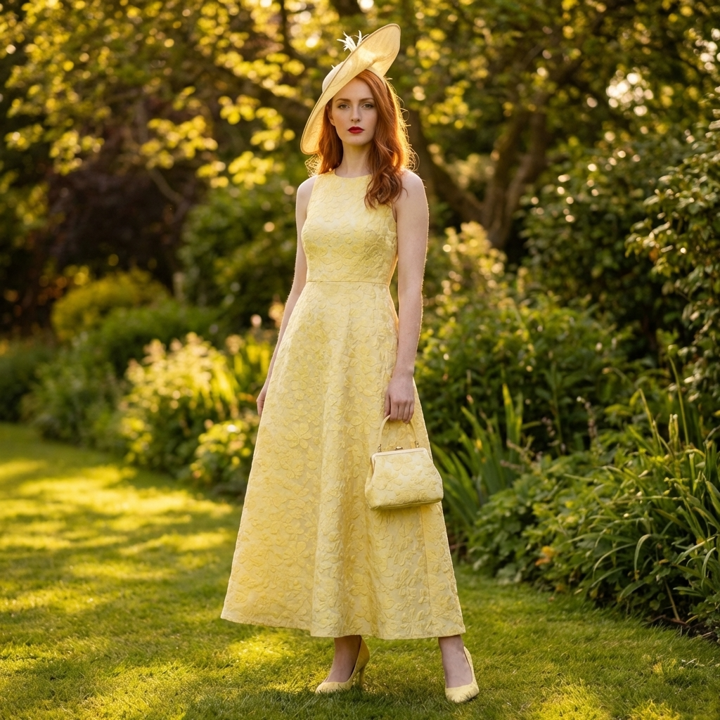 Woman in a yellow dress and hat standing in a garden