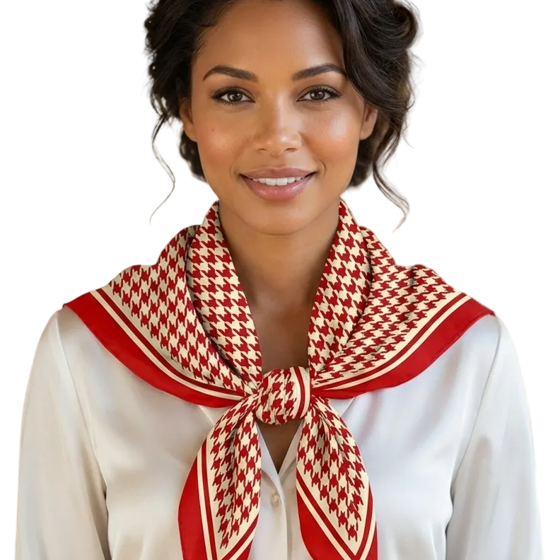 Woman wearing a red and white patterned scarf around her neck, smiling.