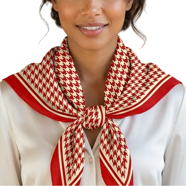 Woman wearing a red and white patterned scarf around her neck, smiling.