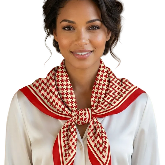 Woman wearing a red and white patterned scarf around her neck, smiling.