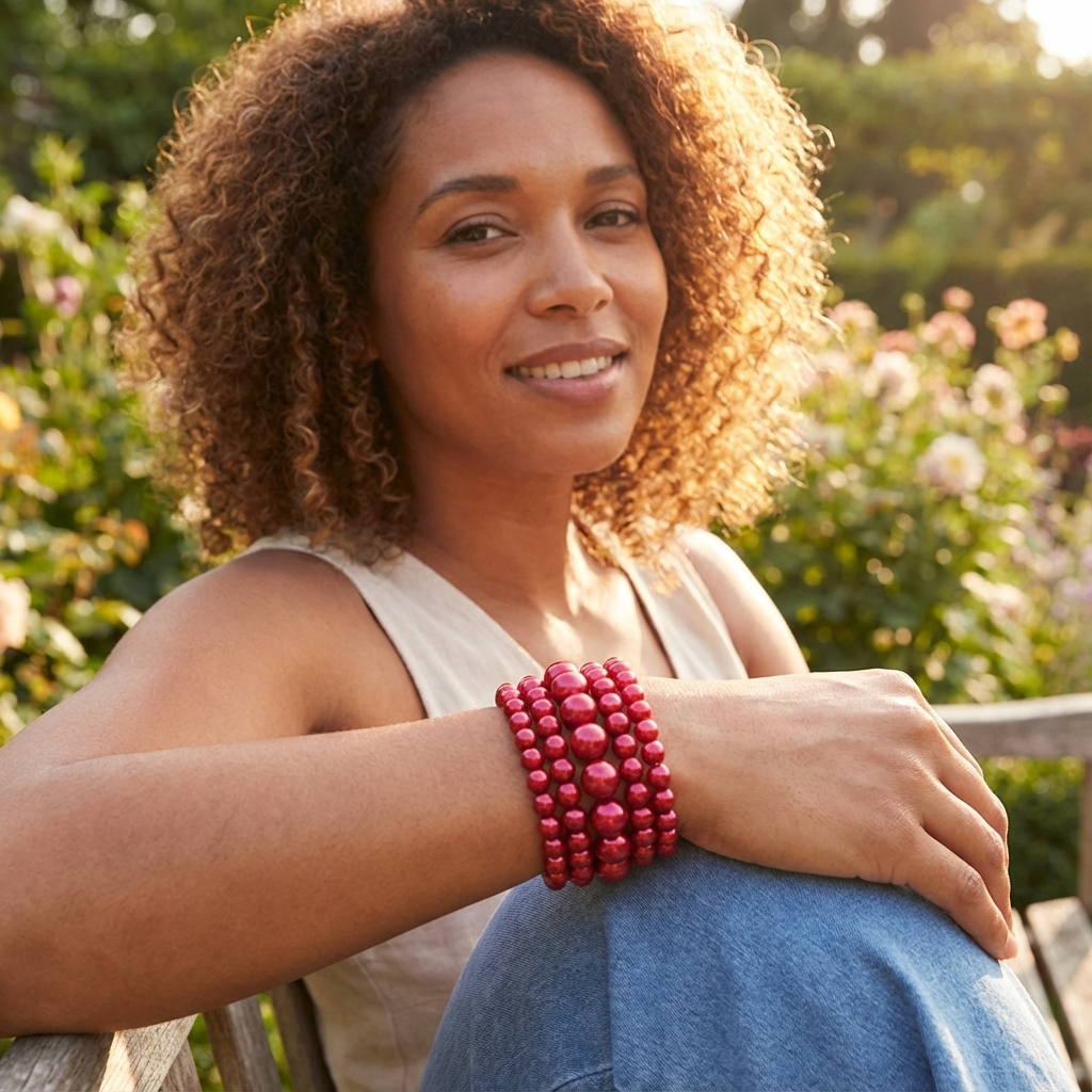 Classic Pearl Stretch Bracelet Set (5-Piece Stack) - Red