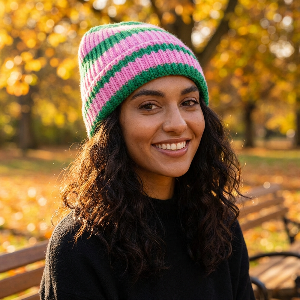 Woman wearing a pink and green striped beanie in an autumn park.