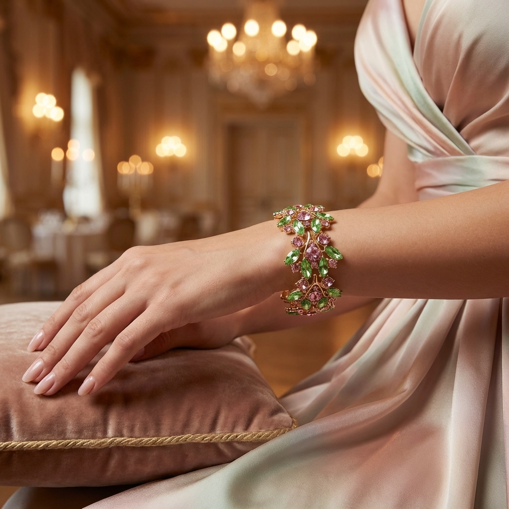 Pink & Green Floral Crystal Stretch Bracelet