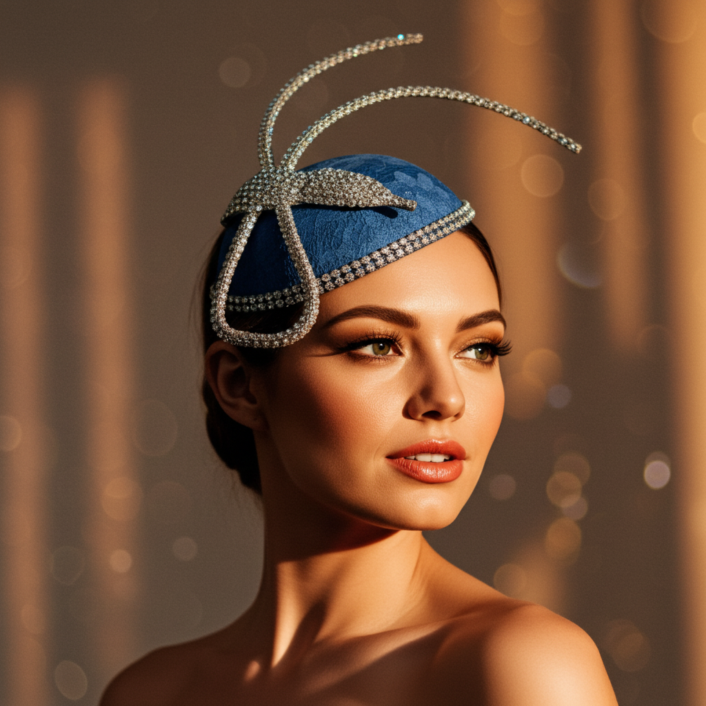 Woman wearing a blue and silver decorative headpiece against a warm-toned background
