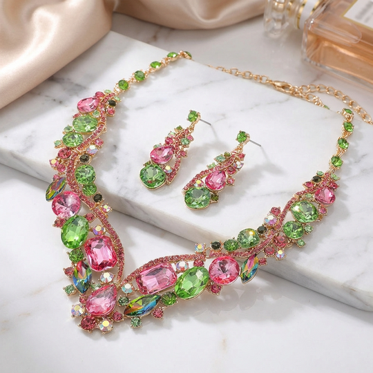 Pink and Green Glass Crystal Evening Necklace and Earrings Set