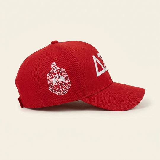 Delta Sigma Theta crimson embroidered baseball cap with white Greek letters and side crest embroidery.