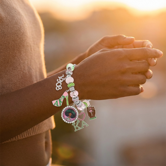 Alpha Kappa Alpha Multi-Charm Adjustable Bracelet – Enamel & Crystal Beads (Silver Tone)