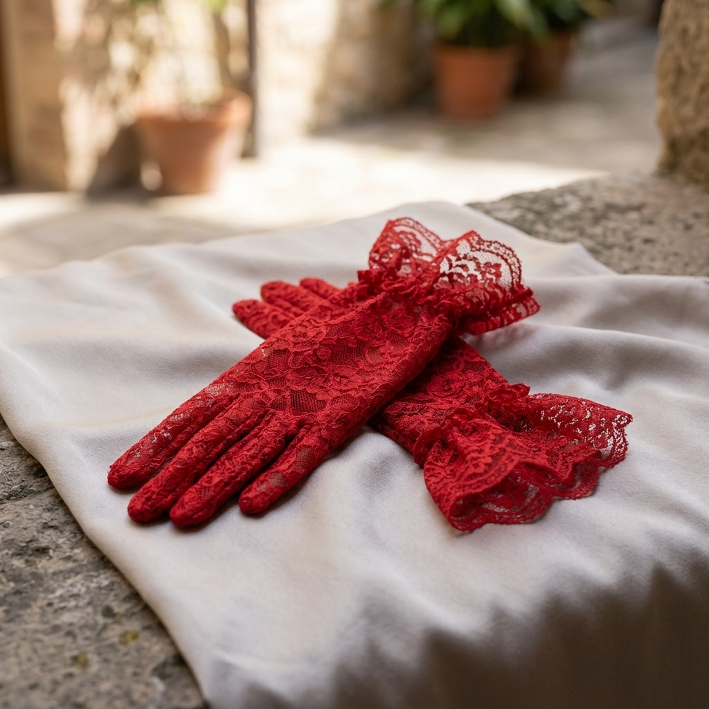 Floral Pattern Lace Cuff Gloves - Red-w