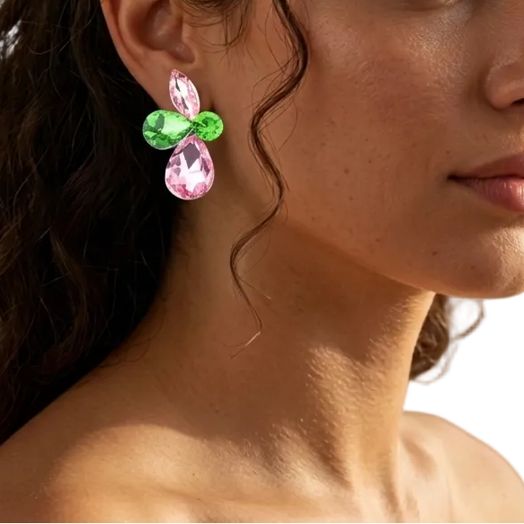 Pink and Green Teardrop Crystal Cluster Earrings