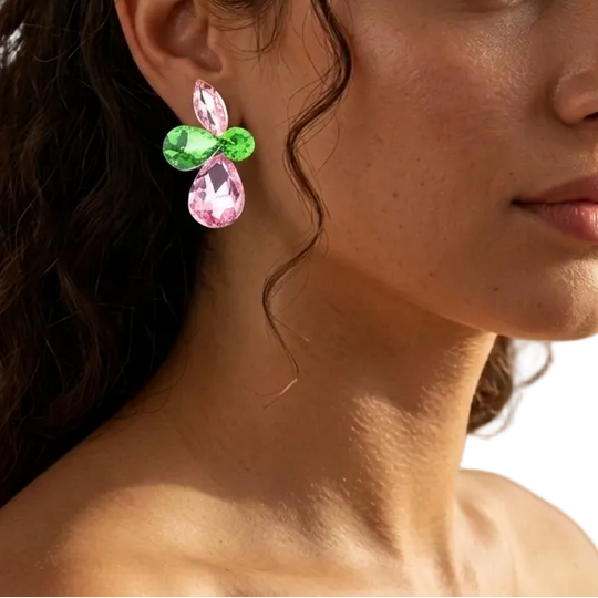 Pink and Green Teardrop Crystal Cluster Earrings