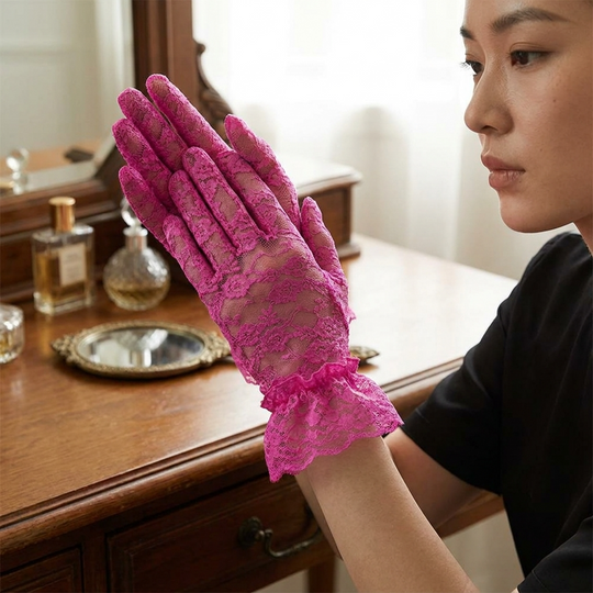 Floral Pattern Lace Cuff Gloves - Pink-w