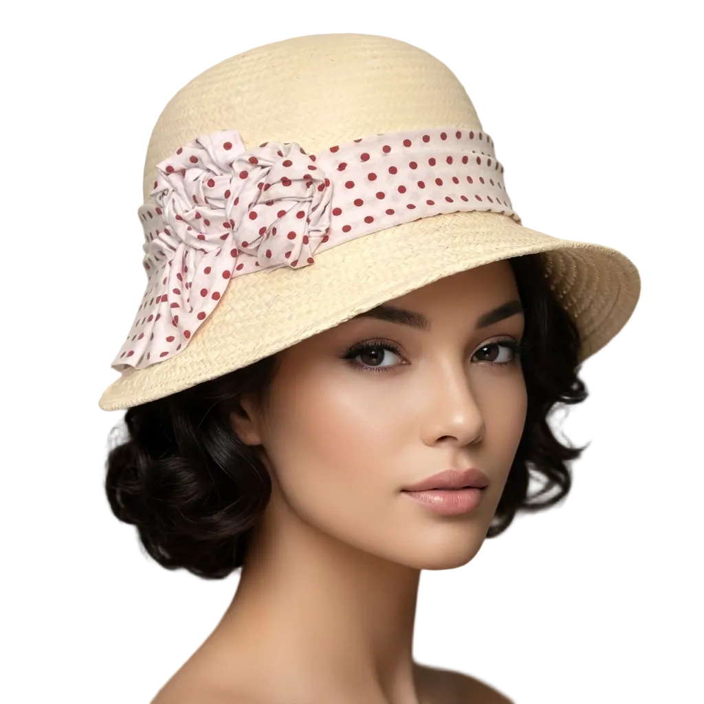 Woman wearing a beige hat with a polka dot ribbon against a neutral background
