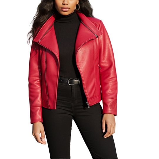 Woman wearing a red leather jacket and black outfit on a city street.