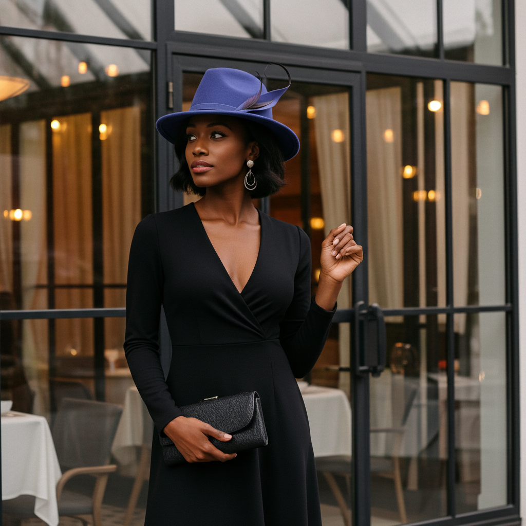 Woman in a black dress and blue hat standing in front of a glass door.