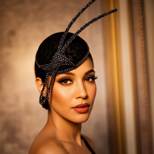 Lace Cover Sinamay Lavished Fascinator w/ Rhinestone Sticks - Black