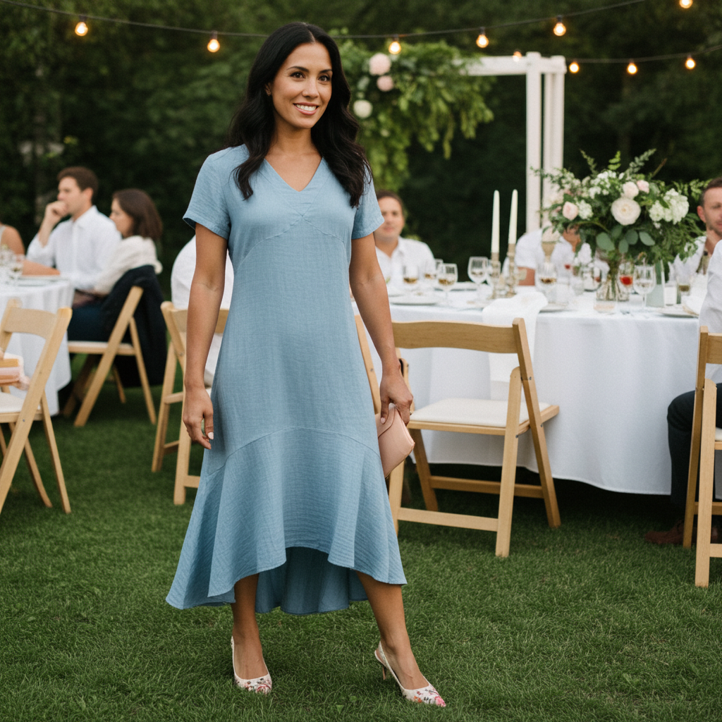 Woman in a blue dress standing outdoors at a formal event with tables and guests.