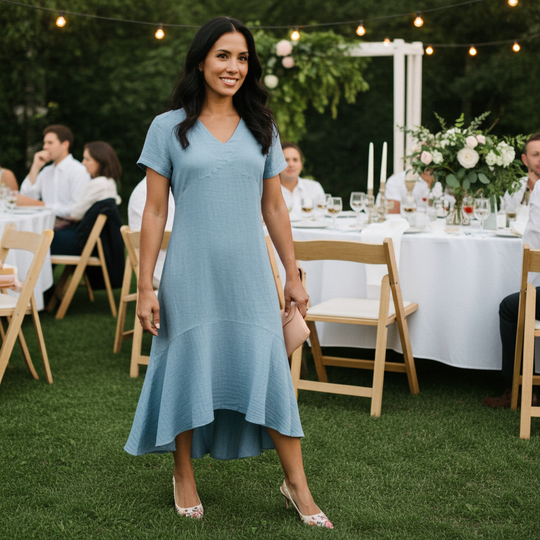 Woman in a blue dress standing outdoors at a formal event with tables and guests.