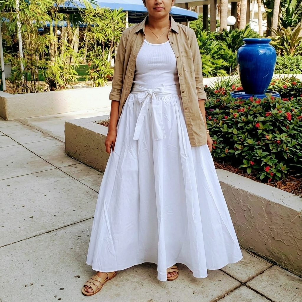 Classic White Cotton Maxi Skirt with Matching Head Scarf