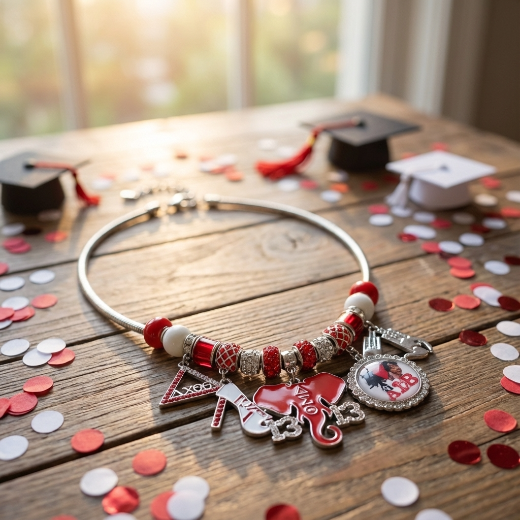 Delta Sigma Theta red and white rhinestone multi-charm necklace in silver tone metal