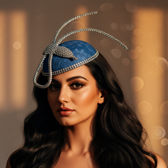 Woman wearing a blue hat with decorative elements against a blurred background