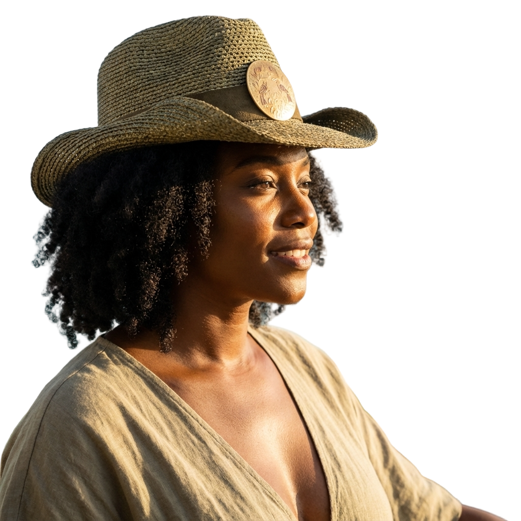 “Savannah Sky Fedora in natural paper straw with green band and sun medallion.”