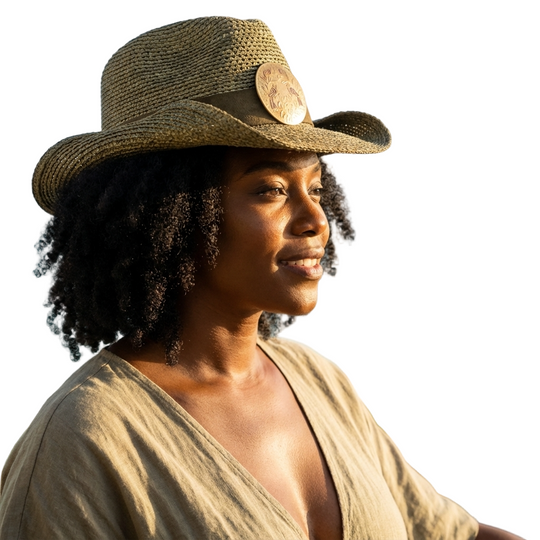 “Savannah Sky Fedora in natural paper straw with green band and sun medallion.”