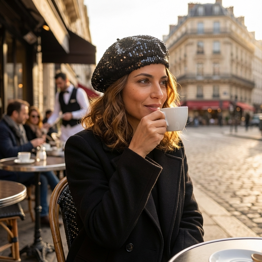 Woman drinking coffee in an outdoor cafe setting with a city street in the background