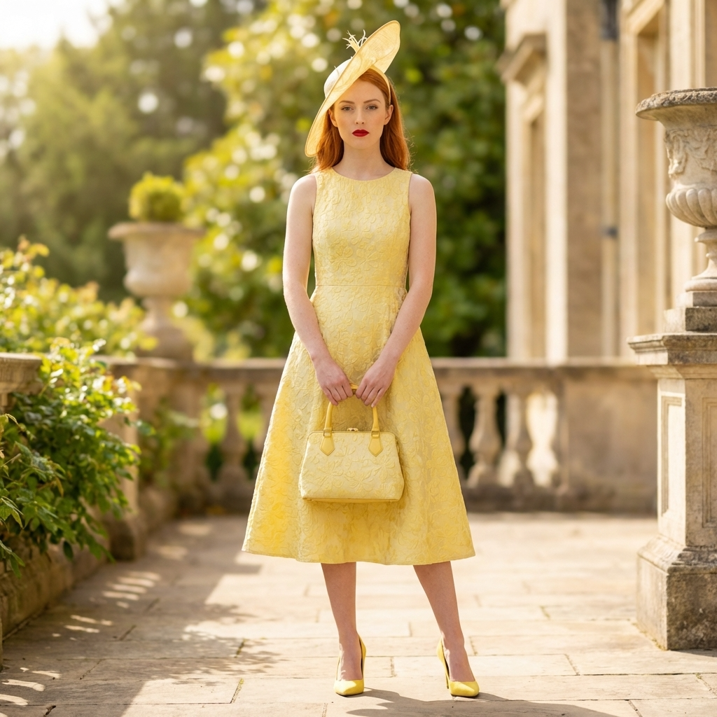 Woman in a yellow dress and hat standing outdoors with greenery and classical architecture in the background.