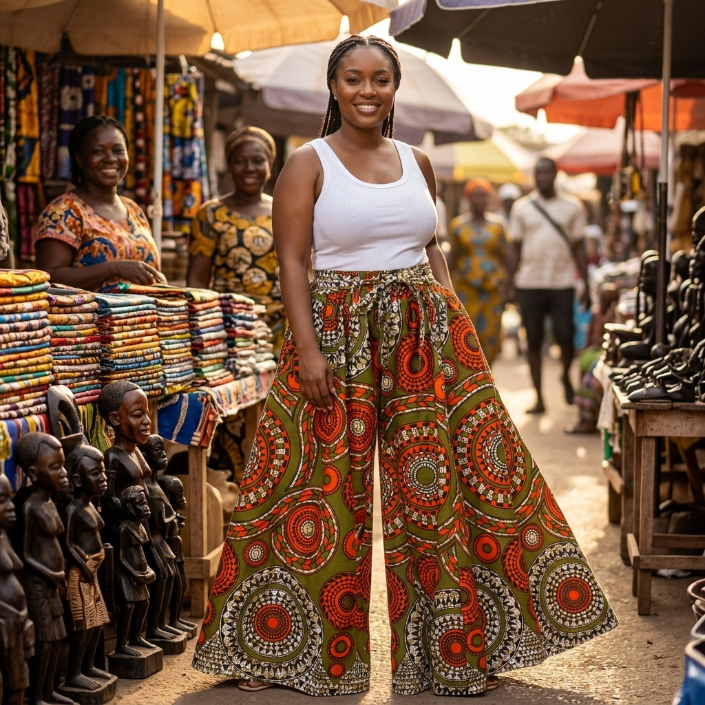 African Cotton Palazzo Pants – Olive Orange Print