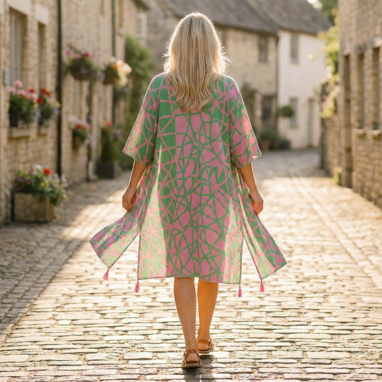 Woman in a pink and green patterned dress walking down a sunlit street.