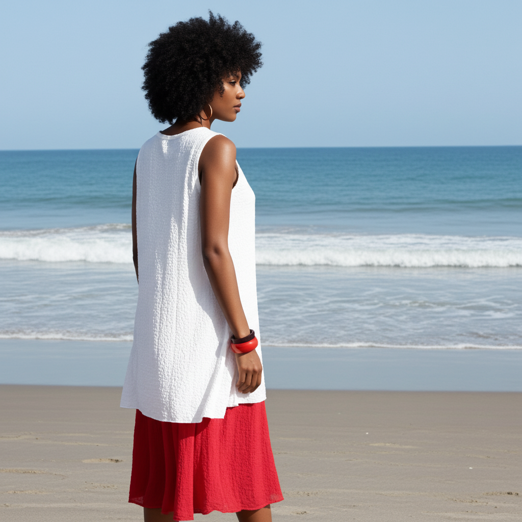Woman in a white top and red skirt standing on a beach