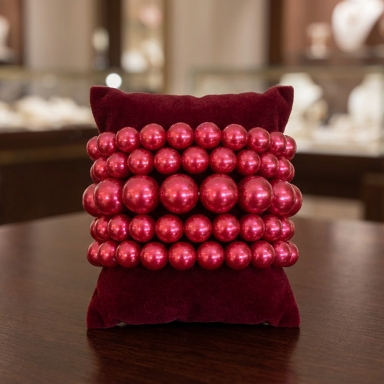 Classic Pearl Stretch Bracelet Set (5-Piece Stack) - Red