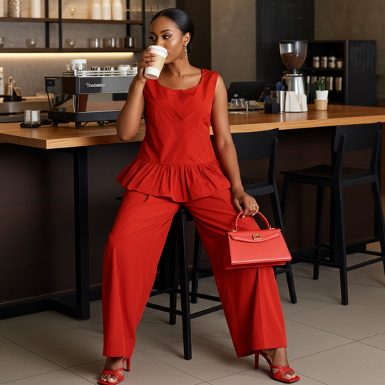 Woman in a red outfit sitting at a cafe counter with a coffee cup and red handbag.
