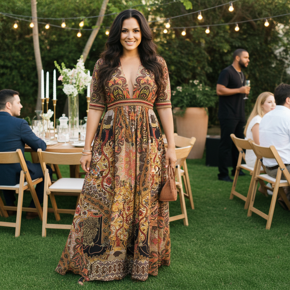 Woman in a patterned dress standing outdoors at a social event with people and tables in the background.