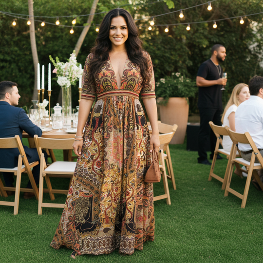 Woman in a patterned dress standing outdoors at a social event with people and tables in the background.