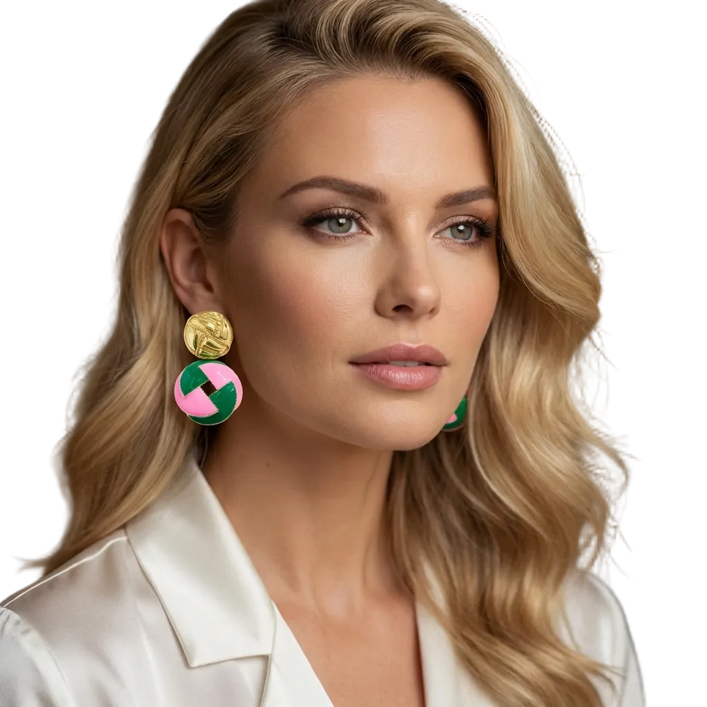 Pink and green round enamel geometric drop earrings with gold dipped brass and post back closure.