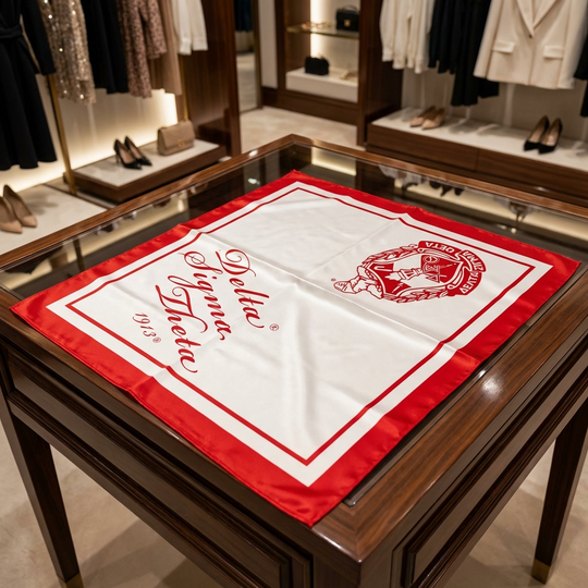 Red and white Delta Sigma Theta Sorority  scarf on a wooden table with a store interior background.