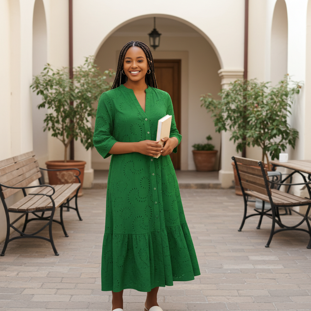 English Embroidered Long Dress: Green