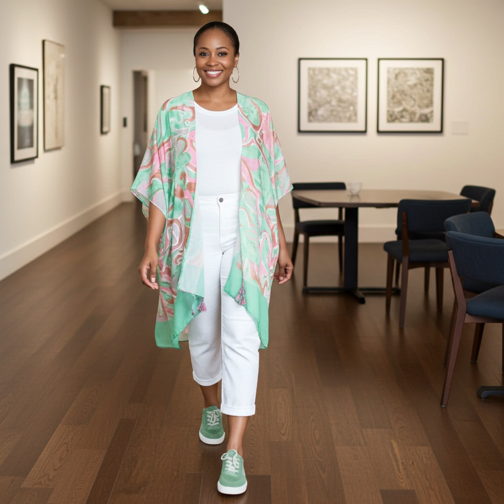 Woman in a stylish outfit standing in a room with wooden flooring and framed pictures on the wall.